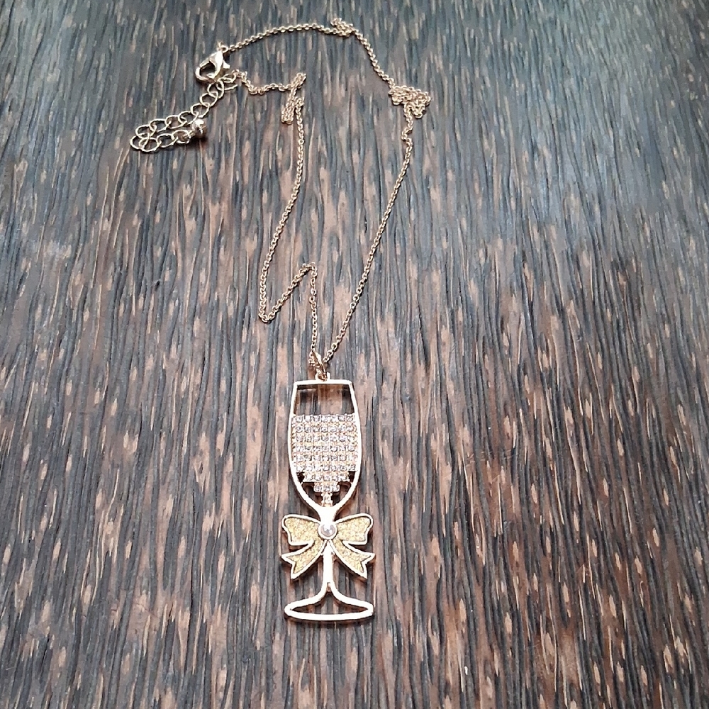 Gold Champagne Glass Pendant Necklace with Bow Accent - Women's Jewelry